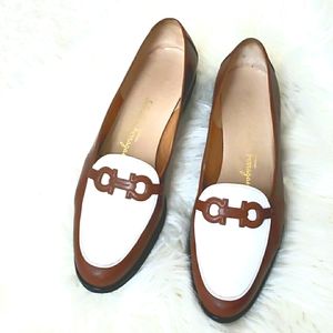 Beautiful Italian Salvatore Ferragamo White/Brown loafers. Size 9.5 US